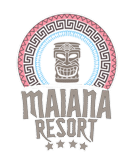 Malana Resort: Le logo 5 étoiles tropical avec masque Tiki. Logo tropical Malana Resort 5 étoiles. Masque Tiki stylisé entouré de motifs géométriques polynésiens roses et bleus.